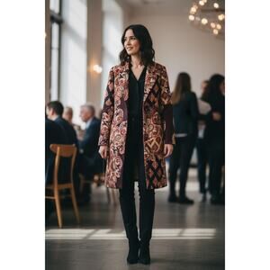 Chico’s Drama Patch Old Money Mob Wife Boho western Brown Blue Duster / Coat